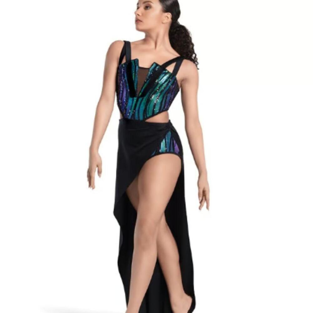Revolution Dance Costume Blue Green Sequins Cutout Dress